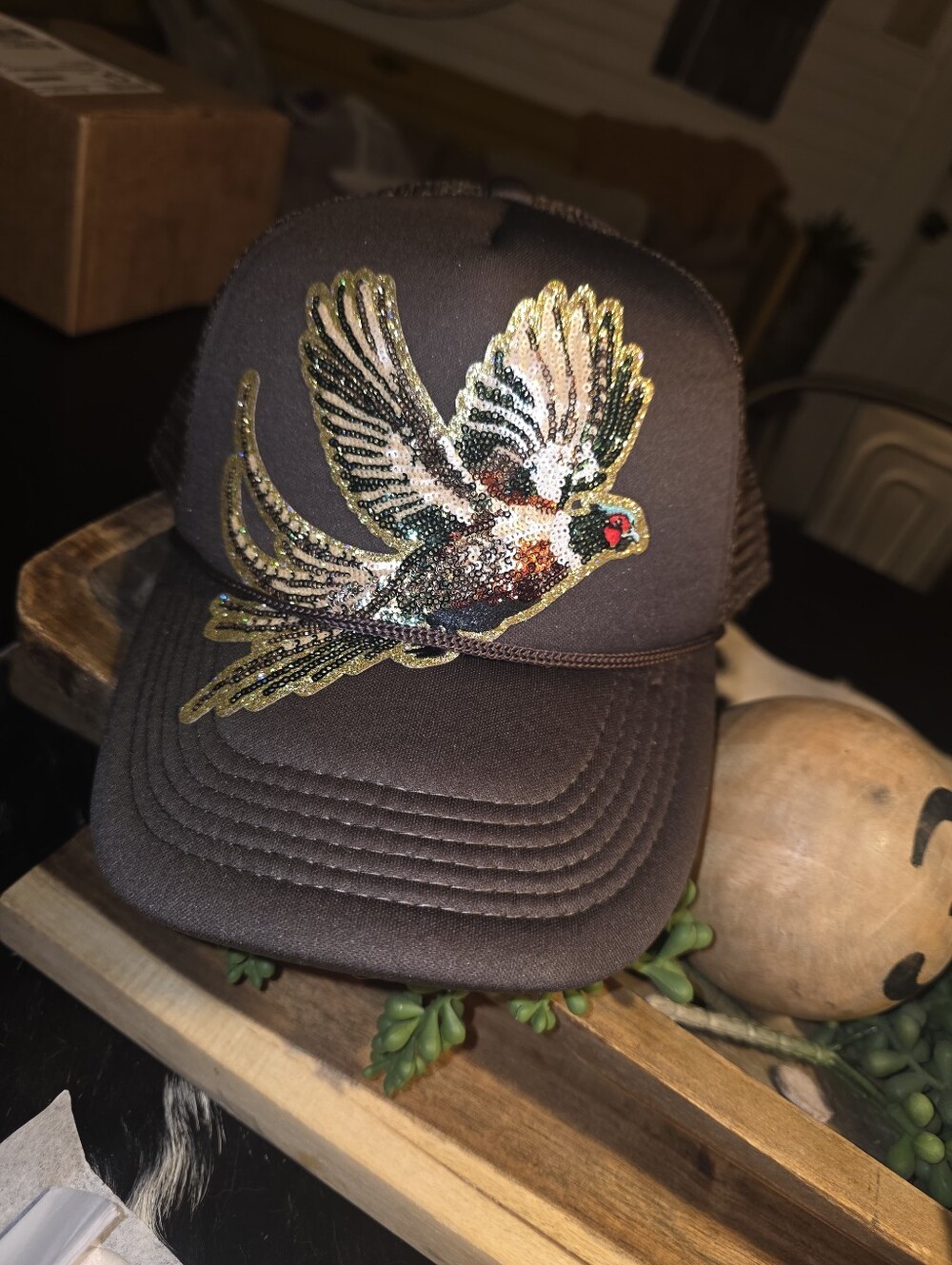 Brown Bird Trucker Hat with Embroidered Pheasant Accent